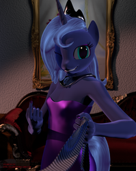 Size: 1530x1920 | Tagged: safe, artist:bamboodog, artist:creatorofpony, artist:juicedane, artist:stellarator, princess luna, anthro, unguligrade anthro, g4, 3d, blender, blender cycles, breasts, clothes, crown, delicious flat chest, dress, female, flatuna, happy new year, hipposandals, jewelry, looking at you, one eye closed, party, peytral, regalia, s1 luna, small breasts, solo, wink, younger