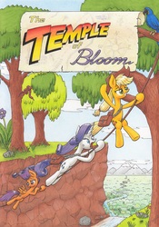 Size: 3270x4665 | Tagged: safe, artist:xeviousgreenii, applejack, rarity, scootaloo, bird, parrot, snake, comic:the temple of bloom, g4, comic, cover, high res, traditional art, tree, vine