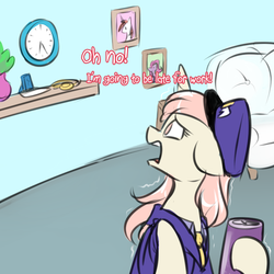 Size: 750x750 | Tagged: safe, artist:cosmalumi, oc, oc only, oc:marathon, pony, unicorn, ask-marathon, clock, clothes, dialogue, energy drink, floppy ears, framed picture, late for work, mailmare, no catchlights, no pupils, open mouth, shaking, shelf, solo, uniform