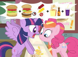 Size: 1020x750 | Tagged: safe, artist:dm29, pinkie pie, twilight sparkle, alicorn, pony, g4, bits, burger, fast food, food, hay burger, horseshoe fries, hungry, pictogram, poem in the description, that pony sure does love burgers, this will end in weight gain, twilight burgkle, twilight sparkle (alicorn), yelling