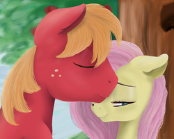 Size: 1383x1106 | Tagged: safe, artist:kaleysia, big macintosh, fluttershy, earth pony, pony, g4, eyes closed, forehead kiss, lidded eyes, male, ship:fluttermac, shipping, stallion, straight