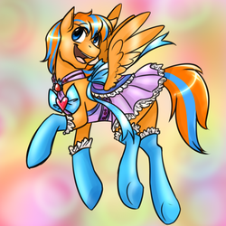 Size: 1000x1000 | Tagged: safe, artist:jitterbugjive, oc, oc only, oc:cold front, pony, bow, clothes, crossdressing, dress, looking at you, magical girl, male, ribbon, saddle, smiling, socks, solo, stallion, stockings, tack, thigh highs