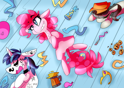 Size: 2800x2000 | Tagged: safe, artist:nekosnicker, octavia melody, pinkie pie, shining armor, g4, aftermath, applejack's hat, balloon, body writing, candy, cider, confetti, cookie, cowboy hat, crown, cute, diapinkes, food, hat, high res, implied twilight sparkle, jewelry, lollipop, party, party hat, regalia, shining adorable, tavibetes