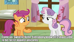 Size: 959x539 | Tagged: safe, edit, edited screencap, screencap, scootaloo, sweetie belle, earth pony, pegasus, pony, bloom & gloom, g4, bow, caption, female, filly, hair bow, image macro, impact font, meme, op is a duck, op is trying to start shit, out of character, pony racism, racism, scootaloo is wrong about everything, text