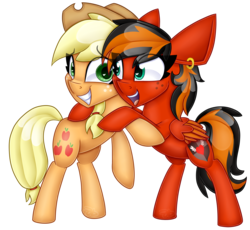Size: 5423x5000 | Tagged: safe, artist:partypievt, applejack, oc, oc:gracie heart, pegasus, pony, g4, absurd resolution, awkward, awkward smile, bipedal, cowboy hat, ear piercing, earring, freckles, grin, hat, heart eyes, hug, jewelry, patreon, piercing, ponytail, simple background, smiling, stetson, transparent background, two toned wings, wingding eyes