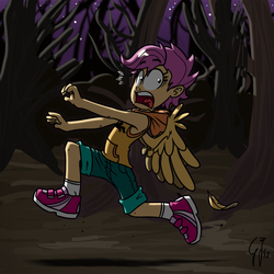 Size: 1200x1200 | Tagged: safe, artist:glancojusticar, scootaloo, human, g4, sleepless in ponyville, clothes, female, forest, humanized, open mouth, pants, running, scene interpretation, shoes, sneakers, solo, tongue out, winged humanization, wings