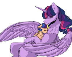 Size: 1050x830 | Tagged: safe, artist:yuyusunshine, twilight sparkle, oc, oc:starrez, alicorn, pegasus, pony, g4, chest fluff, female, filly, mama twilight, mother and daughter, offspring, parent:flash sentry, parent:twilight sparkle, parents:flashlight, simple background, sleeping, twilight sparkle (alicorn), white background