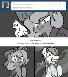 Size: 666x761 | Tagged: safe, artist:egophiliac, prince blueblood, princess luna, oc, oc:pebbl, changeling, moonstuck, g4, ask, cartographer's cap, comic, filly, grayscale, hat, marauder's mantle, monochrome, moon roc, tumblr, woona, younger