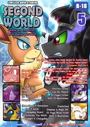 Size: 800x1131 | Tagged: safe, artist:vavacung, king sombra, pinkie pie, velvet (tfh), oc, oc:sparity, oc:super surprise, deer, dracony, dragon, earth pony, hybrid, longma, pegasus, pony, reindeer, unicorn, comic:crossover story, them's fightin' herds, g4, advertisement, angry, community related, cover, cover art, crossover, eyes closed, female, frozen horn, male, patreon, pegasus oc, pinkamena diane pie