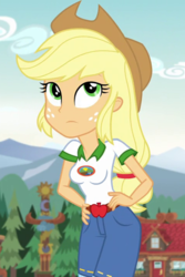 Size: 480x720 | Tagged: safe, edit, edited screencap, editor:ah96, screencap, applejack, equestria girls, g4, my little pony equestria girls: legend of everfree, applejack's hat, breast edit, breasts, busty applejack, camp everfree outfits, cowboy hat, cropped, female, hat, solo, stetson