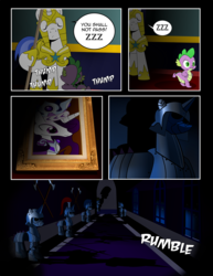 Size: 1275x1650 | Tagged: safe, artist:dsana, princess platinum, spike, pony, comic:to look after, g4, armor, axe, bust, comic, painting, portrait, royal guard, sleeping, spear, weapon, you had one job, you shall not pass, zzz