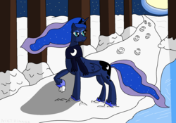Size: 1591x1114 | Tagged: safe, artist:amateur-draw, princess luna, pony, g4, 1000 hours in ms paint, bad anatomy, clothes, female, moon, ms paint, night, scarf, scenery, snow, solo