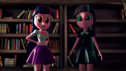 Size: 1920x1080 | Tagged: safe, artist:razethebeast, twilight sparkle, equestria girls, 3d, alternate universe, book, clothes, duo, duo female, female, hand on hip, looking at you, skirt, smiling, source filmmaker, standing, twivine sparkle, twolight