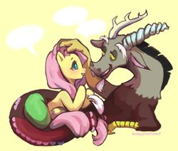 Size: 720x610 | Tagged: safe, artist:sleepygirlastronaut, discord, fluttershy, g4, blushing, dialogue, looking at each other, male, ship:discoshy, shipping, straight, talking