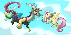 Size: 888x440 | Tagged: safe, artist:sleepygirlastronaut, discord, fluttershy, g4, boop, floating, flying, looking at each other, male, ship:discoshy, shipping, spread wings, straight
