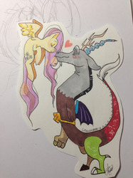 Size: 1280x1707 | Tagged: safe, artist:gidankuroki, discord, fluttershy, g4, blushing, cute, eyes closed, heart, imminent kissing, looking at each other, male, profile, ship:discoshy, shipping, straight, traditional art