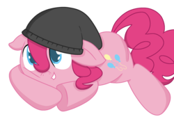 Size: 2350x1701 | Tagged: safe, artist:laserpewpewrblx, pinkie pie, pony, g4, female, hat, prone, simple background, solo, transparent background