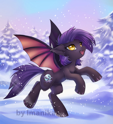 Size: 743x815 | Tagged: safe, artist:imanika, oc, oc only, oc:dawn sentry, bat pony, pony, commission, cute, fangs, female, looking up, mare, ocbetes, open mouth, pine tree, raised hoof, rearing, signature, slit pupils, smiling, snow, snowfall, solo, spread wings, tree, ych result, yellow eyes