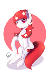 Size: 1200x1920 | Tagged: safe, artist:laptop-pone, oc, oc only, oc:temmy, earth pony, pony, female, looking at you, mare, mascot, nation ponies, raised hoof, red eyes, signature, simple background, singapore, sitting, smiling, solo, tongue out, white background