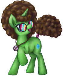 Size: 1574x1880 | Tagged: safe, artist:thebowtieone, oc, oc only, oc:groovy brown, pony, unicorn, afro, female, mare, peace symbol, simple background, solo, sunglasses, tail wrap, transparent background