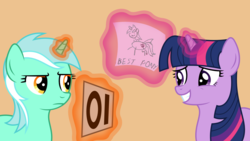 Size: 1920x1080 | Tagged: safe, artist:jezendar, lyra heartstrings, twilight sparkle, pony, g4, best pony, drawing, duo, exploitable meme, glowing horn, grin, horn, levitation, looking at each other, lyra is not amused, lyra's score, magic, meme, nervous, nervous smile, orange background, paper, simple background, smiling, telekinesis