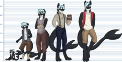 Size: 1280x654 | Tagged: safe, artist:blackblood-queen, oc, oc only, oc:mako, earth pony, hybrid, orca pony, original species, anthro, age progression, anthro oc, baby, baby pony, clothes, crossed arms, curly hair, ear piercing, hair over one eye, long tail, looking at you, male, mug, older, one eye closed, open clothes, pants, piercing, raspberry noise, smiling, tongue out, wink, younger