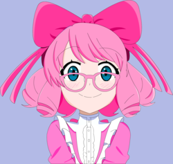 Size: 1344x1272 | Tagged: safe, artist:futuretracer517, pinkie pie, human, g4, alternate hairstyle, bow, clothes, dress, female, glasses, hair bow, humanized, simple background, solo
