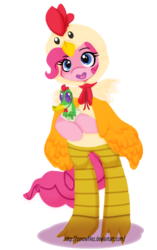 Size: 602x960 | Tagged: safe, artist:zsnowfilez, gummy, pinkie pie, pony, g4, animal costume, bipedal, chicken pie, chicken suit, clothes, costume, looking at you, nightmare night costume, open mouth, simple background, smiling, transparent background