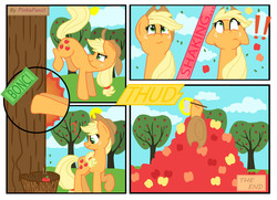 Size: 2076x1500 | Tagged: safe, artist:biskhuit, applejack, g4, apple, apple tree, apple/apples falling, applebucking, basket, bucking, comic, food, tree