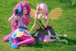 Size: 1004x669 | Tagged: safe, artist:ryoko-demon, fluttershy, pinkie pie, human, equestria girls, g4, my little pony equestria girls: rainbow rocks, clothes, cosplay, costume, fingerless gloves, gloves, high heels, irl, irl human, photo, ponied up, shoes
