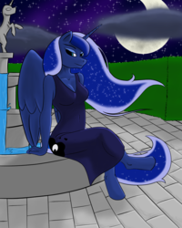 Size: 1200x1500 | Tagged: safe, artist:deathalchemist94, princess luna, alicorn, anthro, unguligrade anthro, g4, clothes, dress, female, fountain, moon, night, solo, stars