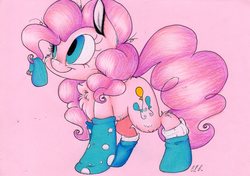 Size: 2454x1727 | Tagged: safe, artist:cutepencilcase, pinkie pie, earth pony, pony, g4, chest fluff, clothes, female, fluffy, simple background, socks, solo, traditional art