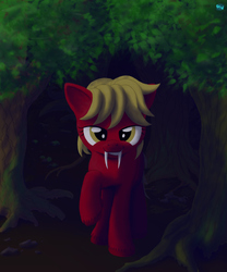 Size: 667x800 | Tagged: safe, artist:quint-t-w, oc, oc only, oc:papercut, original species, sabertooth pony, fangs, forest, looking at you, sharp teeth, smirk, solo, teeth, unshorn fetlocks