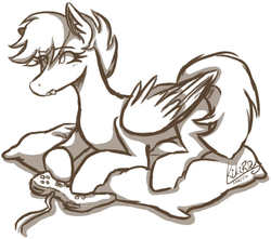 Size: 680x600 | Tagged: safe, artist:monnarcha, oc, oc only, pegasus, pony, controller, female, joystick, mare, monochrome, pillow, prone, solo, tongue out