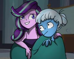 Size: 1000x800 | Tagged: safe, artist:doodledonut, starlight glimmer, trixie, equestria girls, g4, blanket, duo, equestria girls-ified, female, lesbian, looking at you, ship:startrix, shipping, smiling