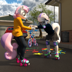 Size: 2000x2000 | Tagged: safe, artist:tahublade7, silver spoon, sweetie belle, owl, anthro, plantigrade anthro, g4, 3d, bicycle, chalk drawing, clothes, daz studio, elbow pads, helmet, high res, jeans, knee pads, mercury (car), mercury cougar, mercury cougar eliminator, pants, roller skates, skirt, sweater, tights