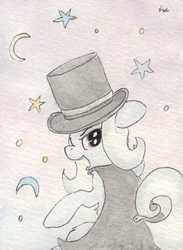 Size: 688x939 | Tagged: safe, artist:slightlyshade, trixie, pony, unicorn, g4, cape, chest fluff, clothes, crescent moon, female, floppy ears, hat, looking back, mare, moon, open mouth, smiling, solo, stars, top hat, traditional art