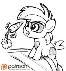 Size: 1396x1500 | Tagged: safe, artist:smudge proof, pipsqueak, earth pony, pony, g4, belly button, bipedal, carrot, colt, foal, food, magic, male, patreon, patreon logo, salivating, sketch, solo, suggestive eating