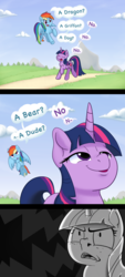 Size: 1249x2766 | Tagged: safe, artist:adequality, artist:mostazathy, rainbow dash, twilight sparkle, pegasus, pony, unicorn, g4, comic, dialogue, faic, female, implied rainbow blitz, implied rule 63, implied transformation, mare, speech bubble, unicorn twilight