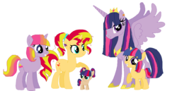 Size: 1234x635 | Tagged: dead source, safe, artist:animeponynintendo, sunset shimmer, twilight sparkle, oc, oc:cassiopea, oc:spellcaster, oc:sunrise glitter, alicorn, pony, unicorn, g4, alternate hairstyle, family, female, lesbian, magical lesbian spawn, next generation, offspring, older, parent:sunset shimmer, parent:twilight sparkle, parents:sunsetsparkle, ship:sunsetsparkle, shipping, simple background, twilight sparkle (alicorn)