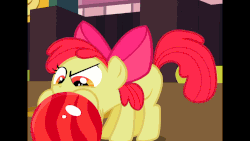 Size: 1280x720 | Tagged: safe, screencap, apple bloom, earth pony, pony, g4, season 2, the cutie pox, animated, behaving like a dog, bow, bowling ball, female, filly, gif, loop, mouth hold, out of context, puffy cheeks, solo, this will end in broken teeth
