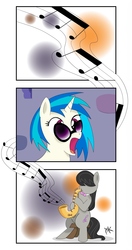 Size: 2642x5001 | Tagged: safe, artist:pony4koma, dj pon-3, octavia melody, vinyl scratch, earth pony, pony, unicorn, g4, colors, female, food, high res, jam, jaw drop, lesbian, mare, music, music notes, musical instrument, musician, open mouth, saxophone, ship:scratchtavia, shipping, sunglasses