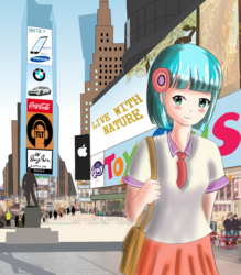 Size: 1400x1600 | Tagged: safe, artist:linlaifeng, coco pommel, human, g4, apple (company), billboard, bmw, bmw i8, car, city, clothes, female, humanized, manehattan, my little pony logo, people, samsung, skirt, solo, sony, times square, toys r us