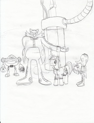 Size: 1276x1670 | Tagged: safe, artist:dragodonv2, prince blueblood, pony, robot, robot pony, g4, crossover, doctor eggman, egg pawn, male, snively, sonic the hedgehog (series), traditional art