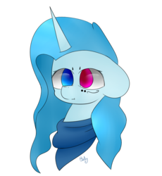 Size: 843x915 | Tagged: safe, oc, oc only, oc:bird song, pony, unicorn, bust, clothes, heterochromia, portrait, scarf, simple background, solo, transparent background