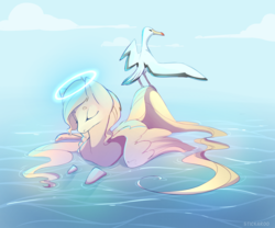 Size: 2935x2447 | Tagged: safe, artist:pon-ee, oc, oc only, oc:charmaine, albatross, bird, eyes closed, halo, high res, solo, water