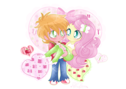 Size: 1024x724 | Tagged: safe, artist:pinkprincessblossom, big macintosh, fluttershy, equestria girls, g4, bridal carry, chibi, clothes, heart, male, ship:fluttermac, shipping, simple background, skirt, straight, tank top, transparent background