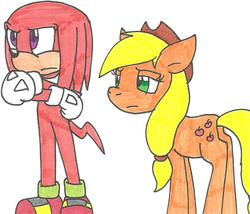 Size: 850x727 | Tagged: safe, artist:cmara, applejack, g4, crossover, duo, knuckles the echidna, male, simple background, sonic the hedgehog (series), traditional art, white background