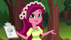 Size: 1280x720 | Tagged: safe, screencap, gloriosa daisy, equestria girls, g4, my little pony equestria girls: legend of everfree, clipboard, cute, daisybetes, female, magical geodes, solo