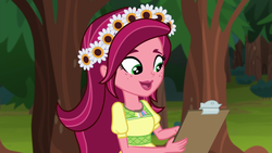 Size: 1280x720 | Tagged: safe, screencap, gloriosa daisy, equestria girls, g4, my little pony equestria girls: legend of everfree, clipboard, female, magical geodes, solo